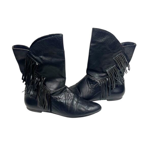 Vintage Black Leather Western Cowboy Fringe Boots: 9M - Picture 5 of 8